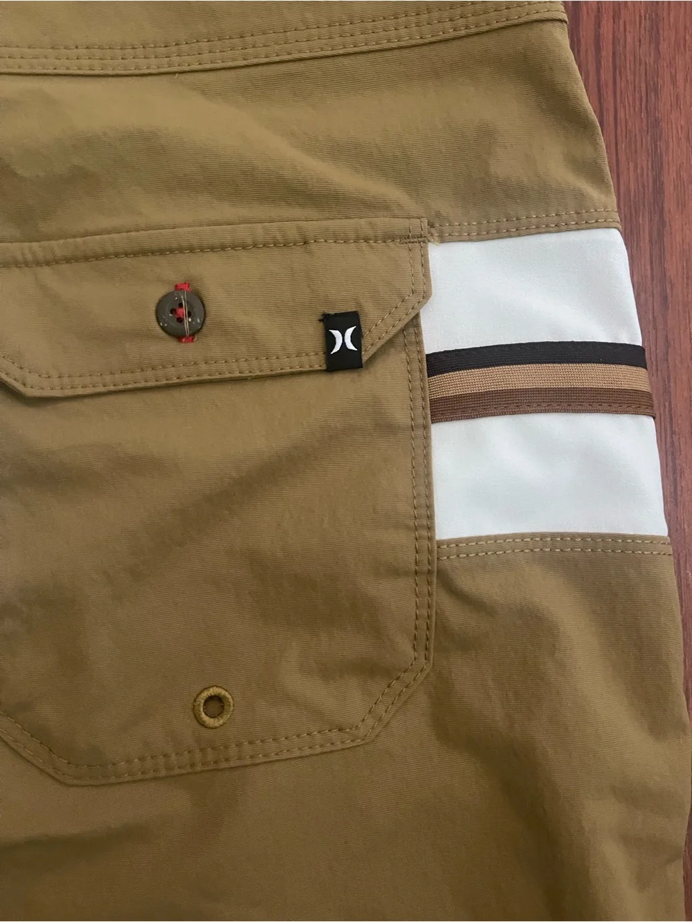 Hurley Men's Khaki Swim Shorts with White and Brown Stripes